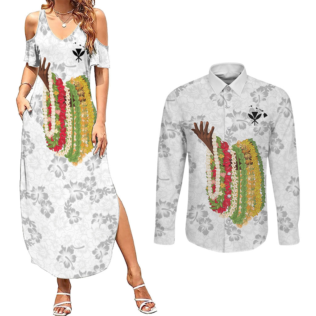Hawaii Lei Kamehameha Couples Matching Summer Maxi Dress and Long Sleeve Button Shirt Ke'oke'o Seamless Pattern Hibiscus Flower LT9 White - Polynesian Pride