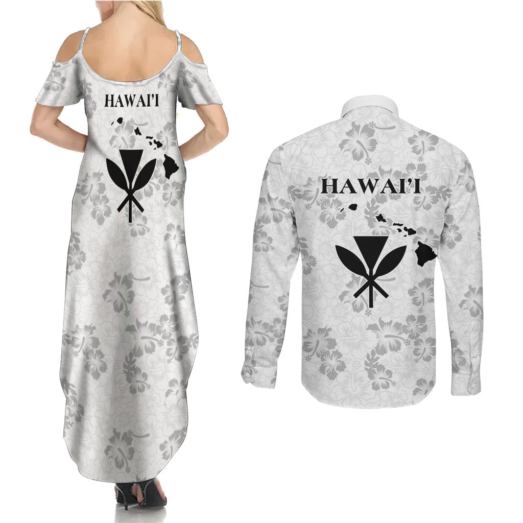 Hawaii Lei Kamehameha Couples Matching Summer Maxi Dress and Long Sleeve Button Shirt Ke'oke'o Seamless Pattern Hibiscus Flower LT9 - Polynesian Pride