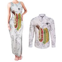 Hawaii Lei Kamehameha Couples Matching Tank Maxi Dress and Long Sleeve Button Shirt Ke'oke'o Seamless Pattern Hibiscus Flower LT9 White - Polynesian Pride