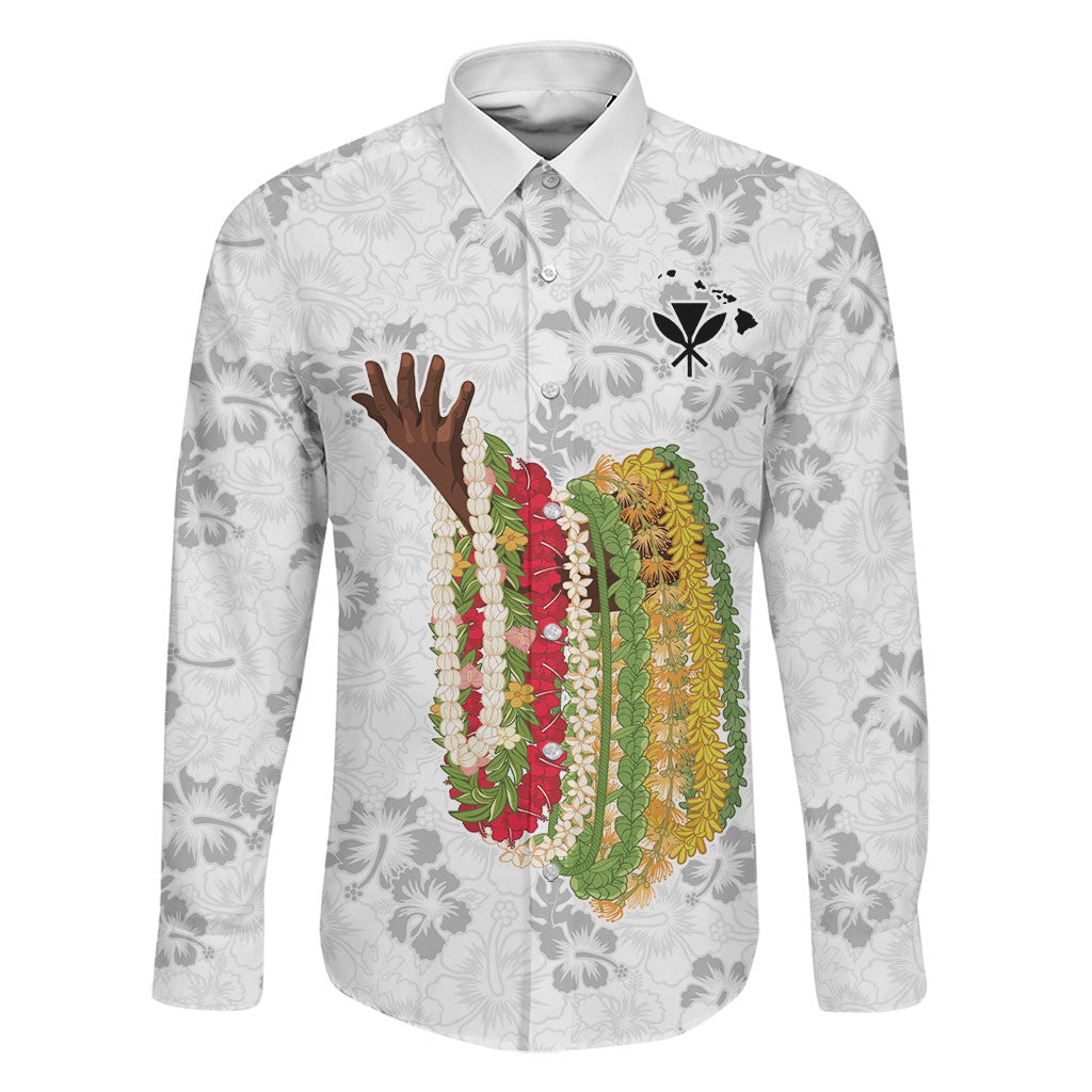 Hawaii Lei Kamehameha Family Matching Off The Shoulder Long Sleeve Dress and Hawaiian Shirt Ke'oke'o Seamless Pattern Hibiscus Flower LT9 Dad's Shirt - Long Sleeve White - Polynesian Pride