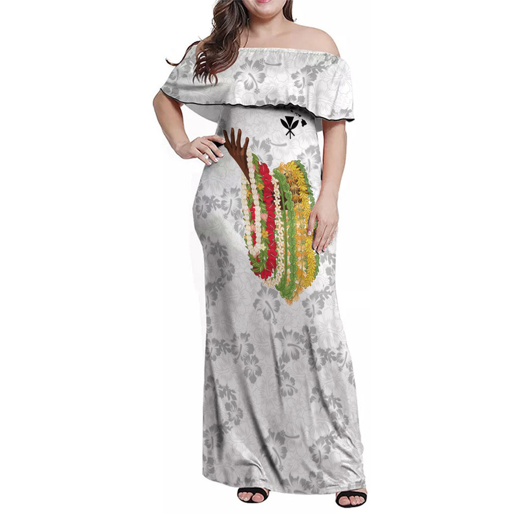 Hawaii Lei Kamehameha Family Matching Off Shoulder Maxi Dress and Hawaiian Shirt Ke'oke'o Seamless Pattern Hibiscus Flower LT9 Mom's Dress White - Polynesian Pride