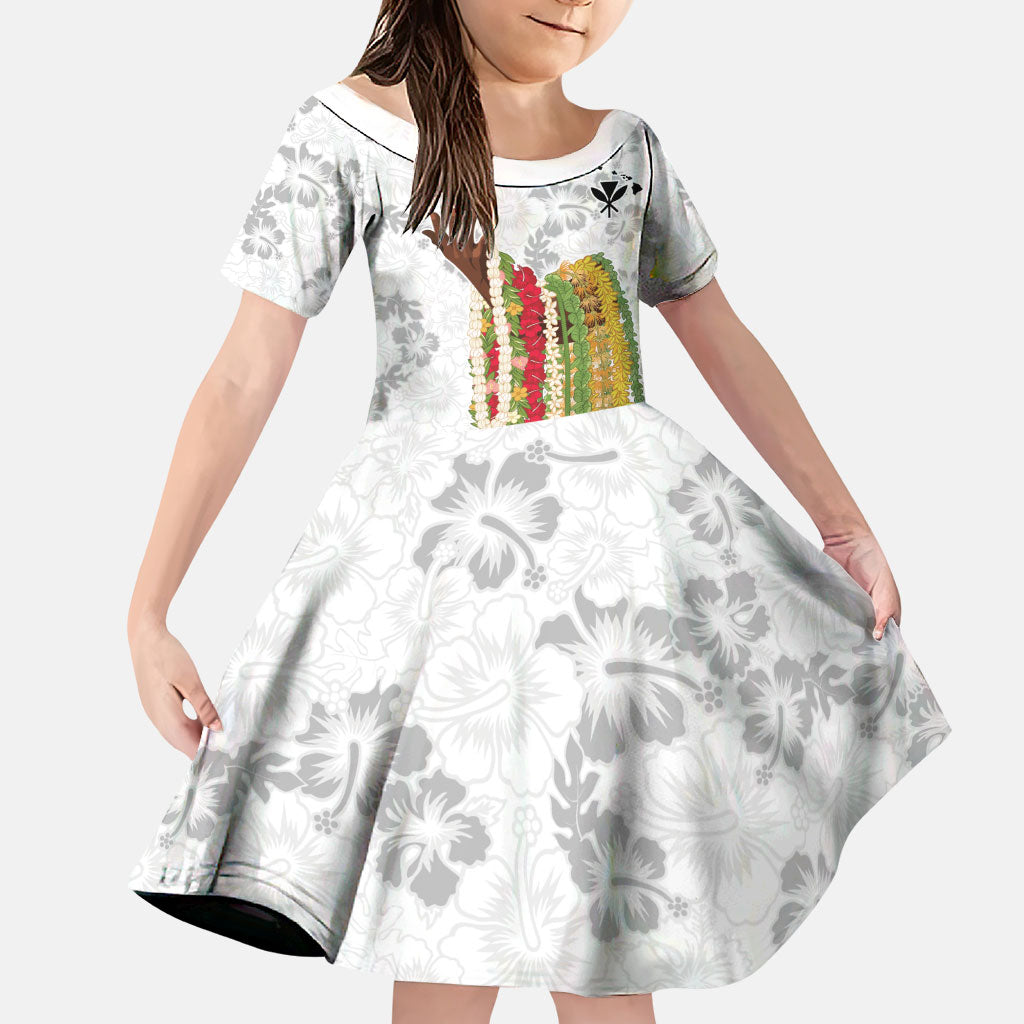 Hawaii Lei Kamehameha Family Matching Puletasi and Hawaiian Shirt Ke'oke'o Seamless Pattern Hibiscus Flower LT9 Daughter's Dress White - Polynesian Pride