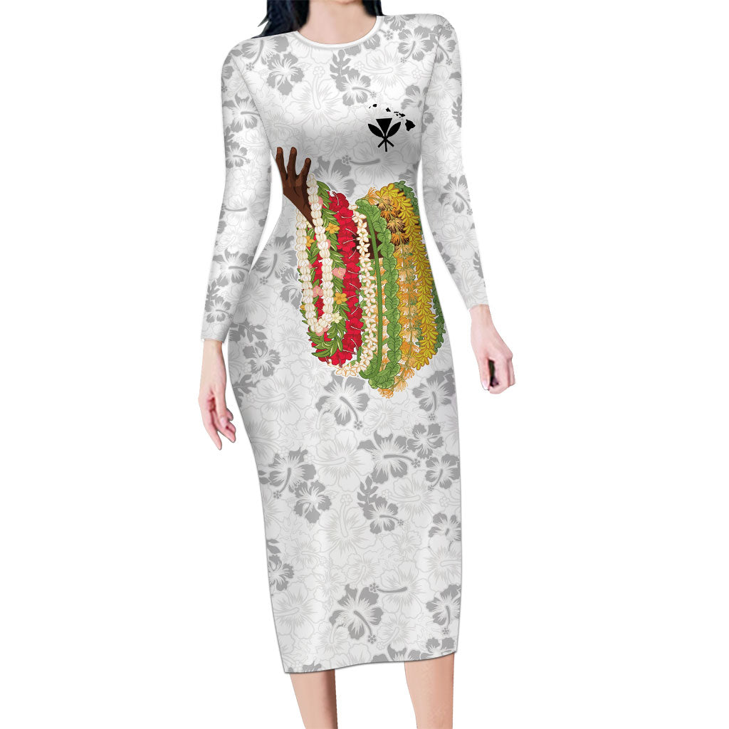 Hawaii Lei Kamehameha Long Sleeve Bodycon Dress Ke'oke'o Seamless Pattern Hibiscus Flower