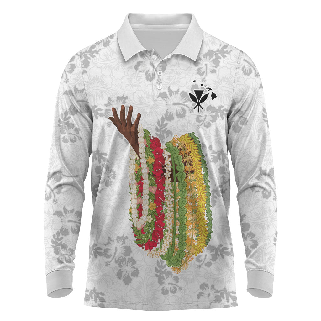 Hawaii Lei Kamehameha Long Sleeve Polo Shirt Ke'oke'o Seamless Pattern Hibiscus Flower