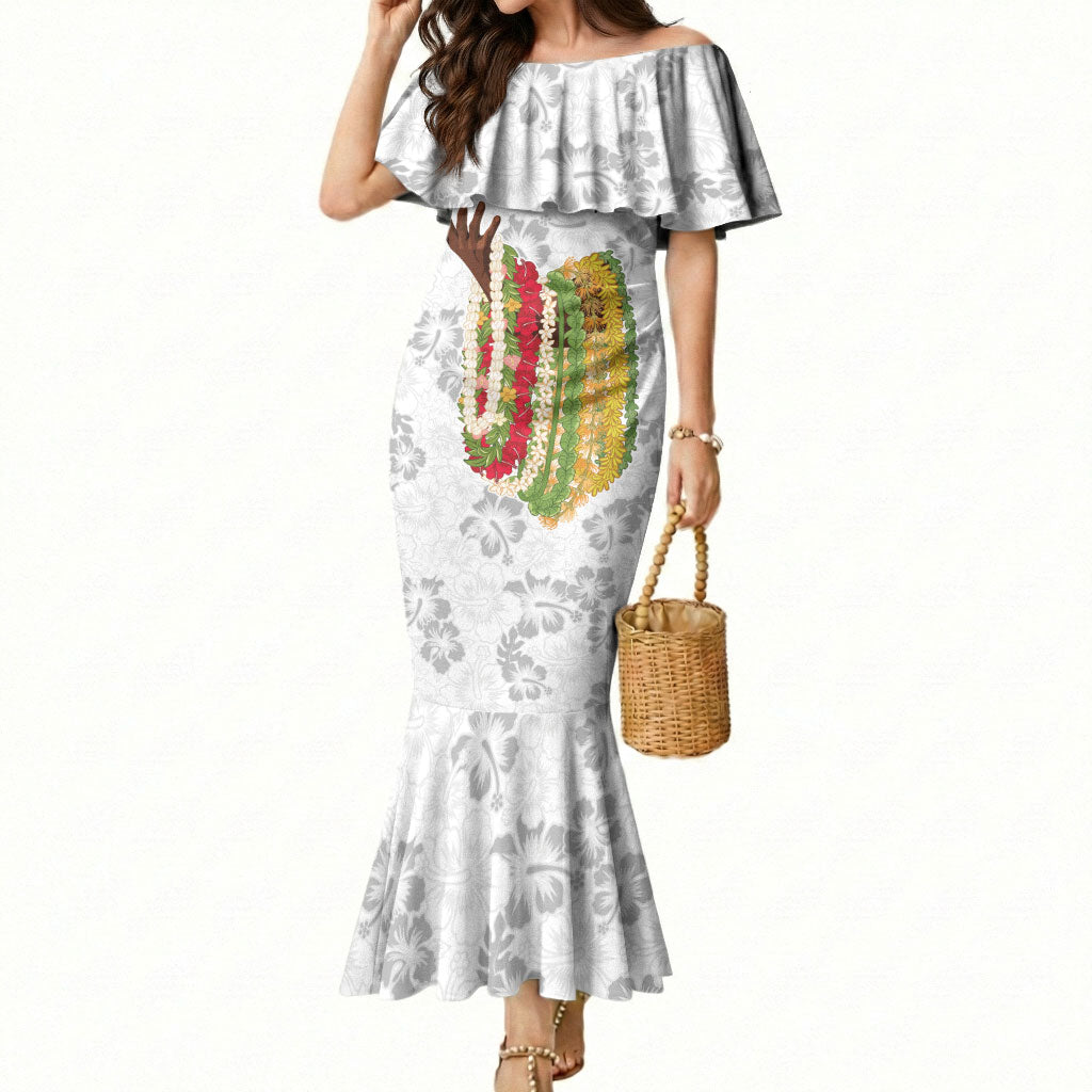 Hawaii Lei Kamehameha Mermaid Dress Ke'oke'o Seamless Pattern Hibiscus Flower LT9 Women White - Polynesian Pride