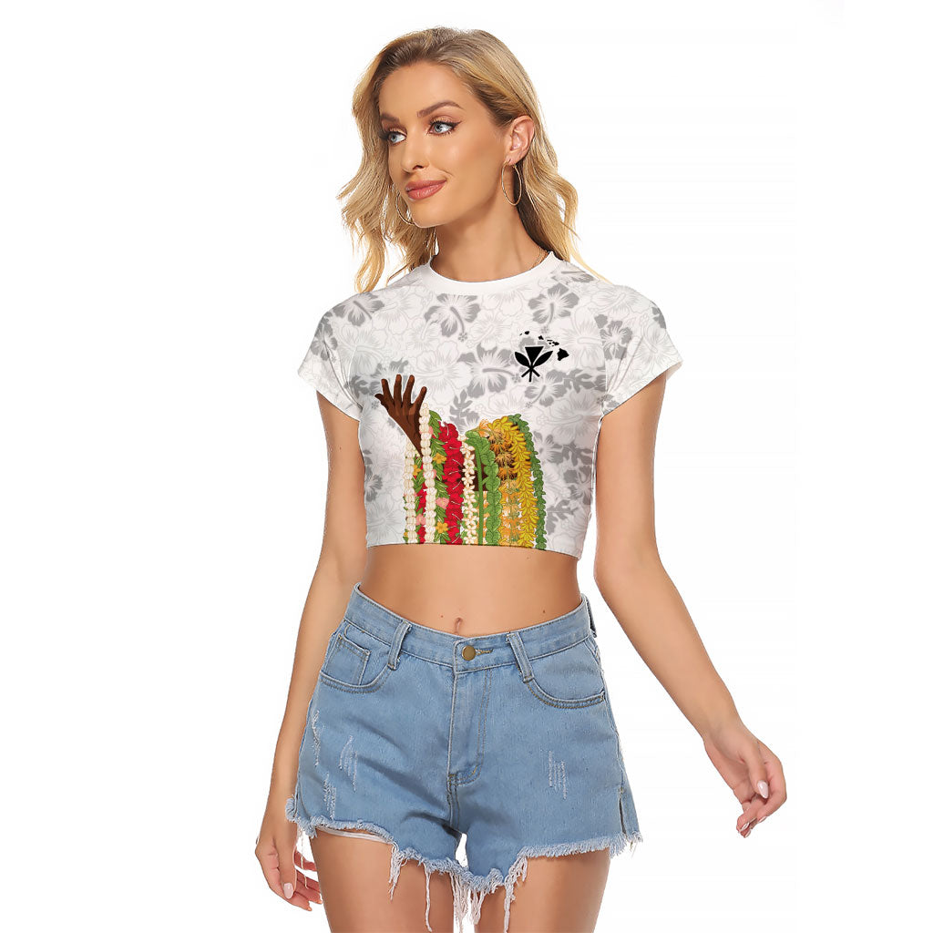 Hawaii Lei Kamehameha Raglan Cropped T Shirt Ke'oke'o Seamless Pattern Hibiscus Flower LT9 Female White - Polynesian Pride