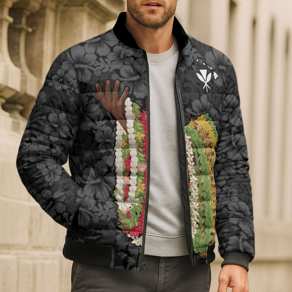 Hawaii Lei Kamehameha Bomber Puffer Jacket Ele'ele Seamless Pattern Hibiscus Flower
