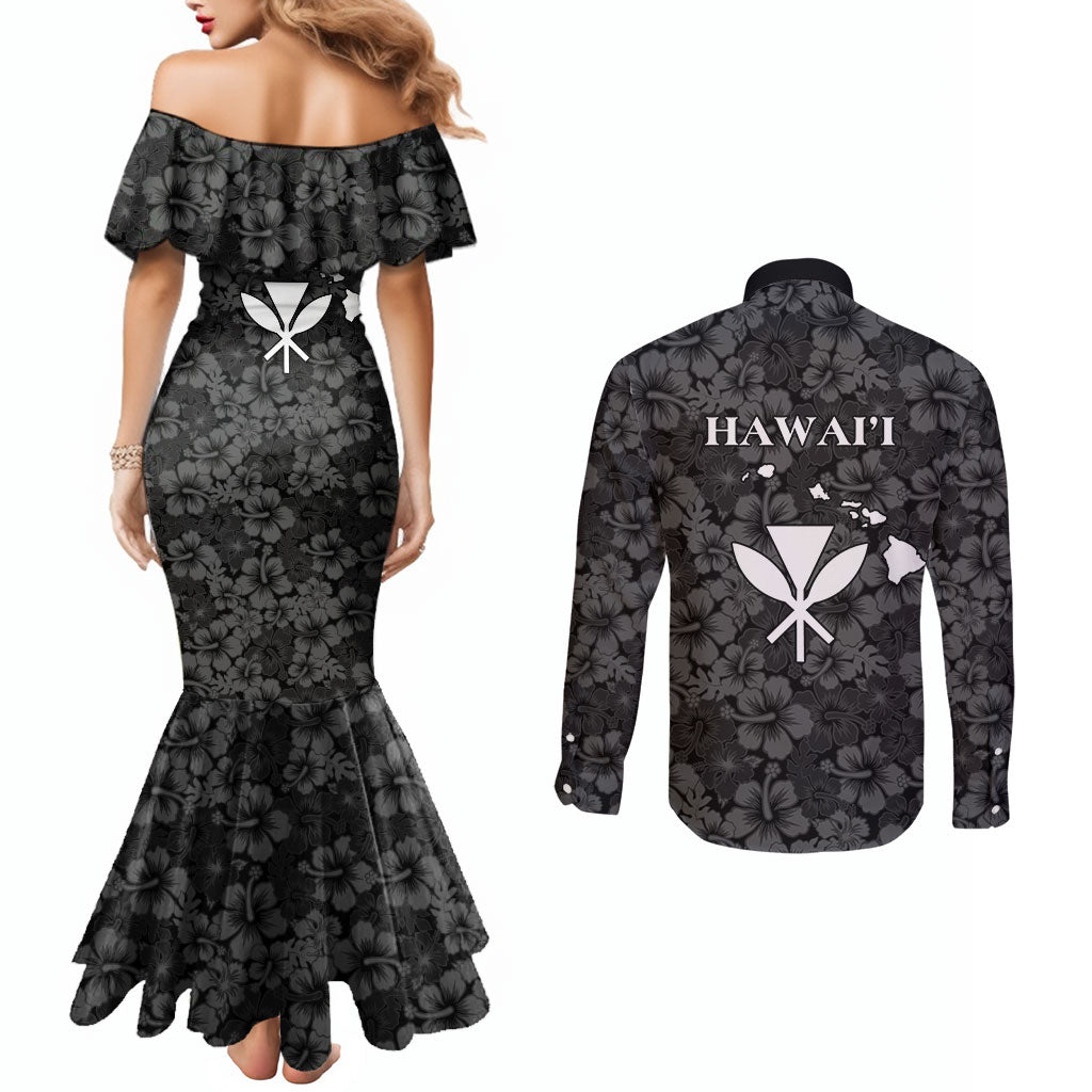 Hawaii Lei Kamehameha Couples Matching Mermaid Dress and Long Sleeve Button Shirt Ele'ele Seamless Pattern Hibiscus Flower