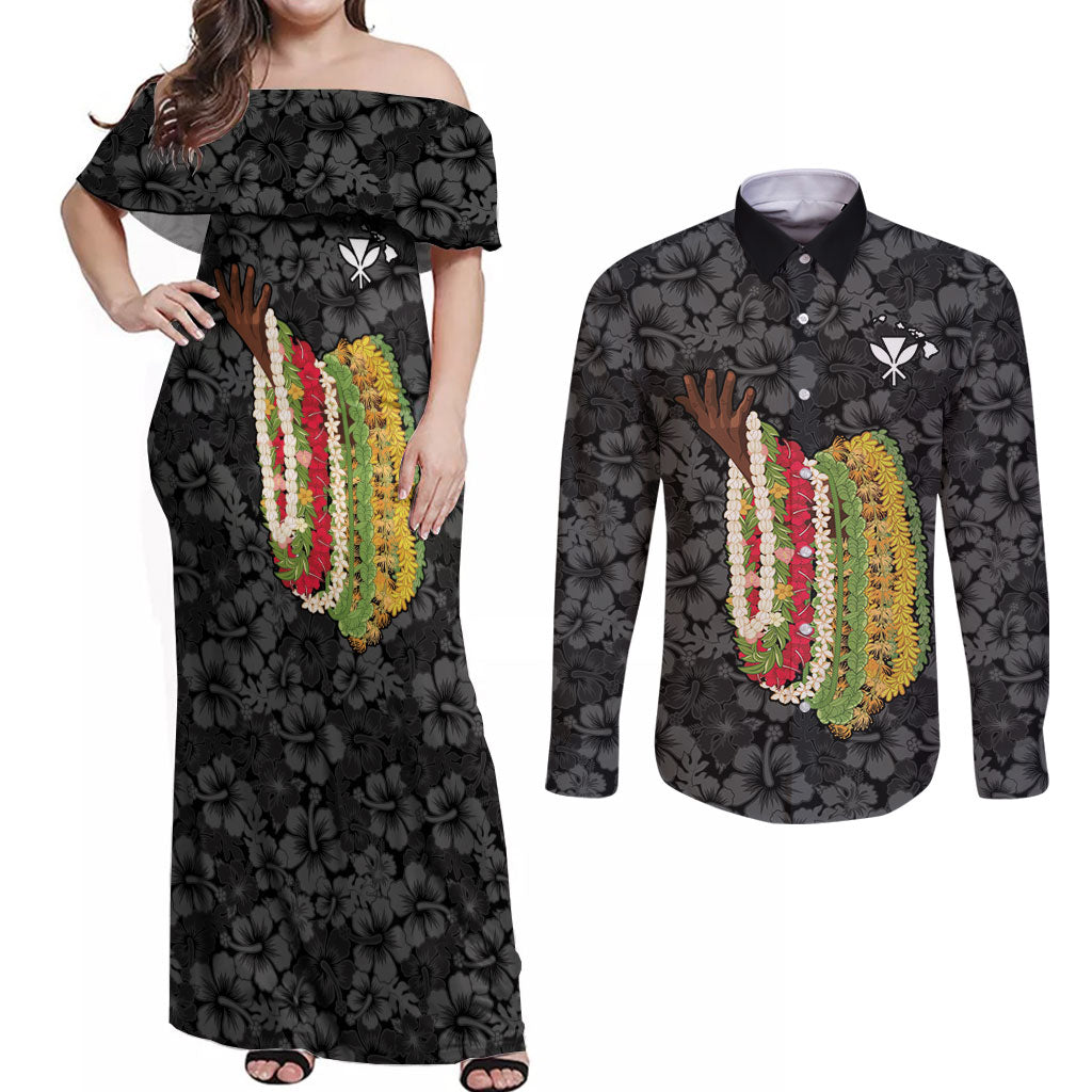 Hawaii Lei Kamehameha Couples Matching Off Shoulder Maxi Dress and Long Sleeve Button Shirt Ele'ele Seamless Pattern Hibiscus Flower