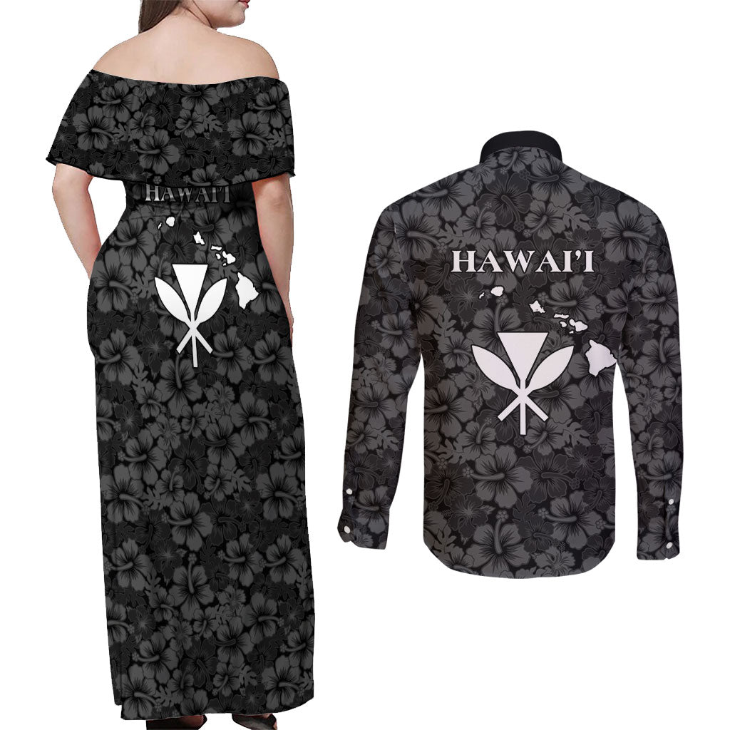 Hawaii Lei Kamehameha Couples Matching Off Shoulder Maxi Dress and Long Sleeve Button Shirt Ele'ele Seamless Pattern Hibiscus Flower