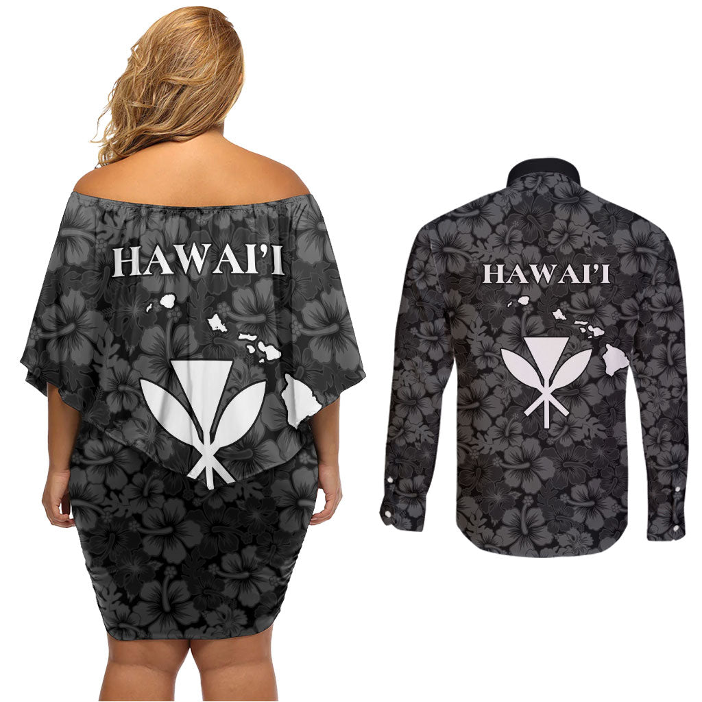 Hawaii Lei Kamehameha Couples Matching Off Shoulder Short Dress and Long Sleeve Button Shirt Ele'ele Seamless Pattern Hibiscus Flower