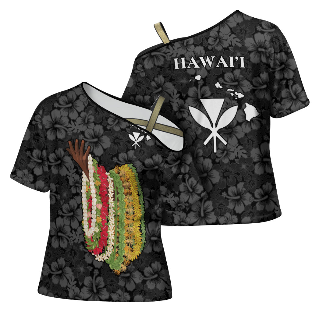 Hawaii Lei Kamehameha Cross Shoulder Shirt Ele'ele Seamless Pattern Hibiscus Flower