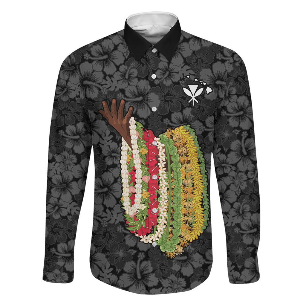 Hawaii Lei Kamehameha Family Matching Long Sleeve Bodycon Dress and Hawaiian Shirt Ele'ele Seamless Pattern Hibiscus Flower LT9 Dad's Shirt - Long Sleeve Black - Polynesian Pride