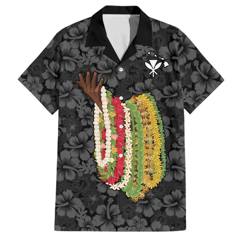 Hawaii Lei Kamehameha Family Matching Off Shoulder Maxi Dress and Hawaiian Shirt Ele'ele Seamless Pattern Hibiscus Flower LT9 Dad's Shirt - Short Sleeve Black - Polynesian Pride
