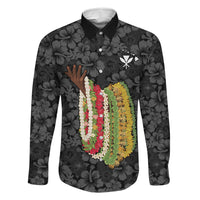 Hawaii Lei Kamehameha Family Matching Off Shoulder Maxi Dress and Hawaiian Shirt Ele'ele Seamless Pattern Hibiscus Flower LT9 Dad's Shirt - Long Sleeve Black - Polynesian Pride