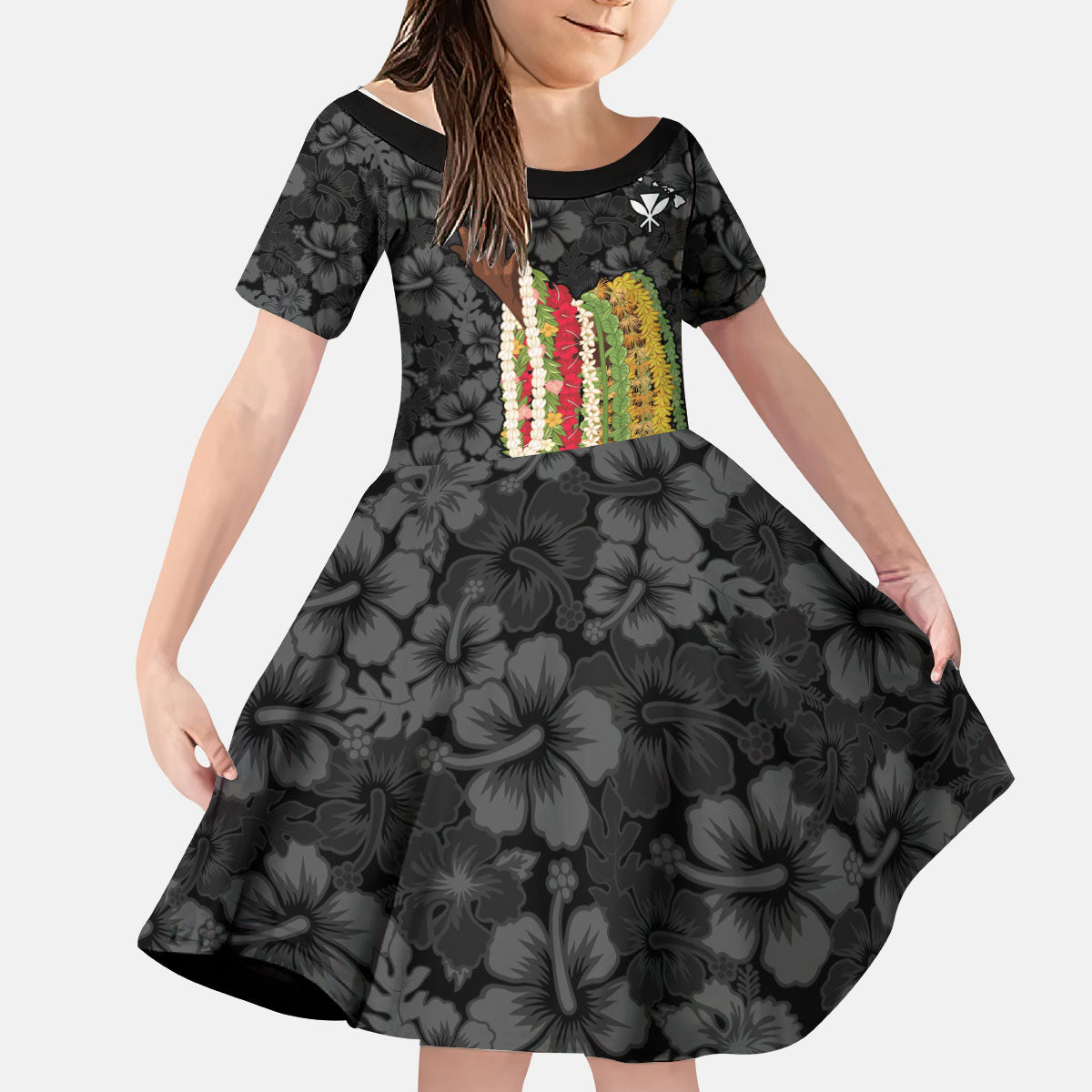 Hawaii Lei Kamehameha Kid Short Sleeve Dress Ele'ele Seamless Pattern Hibiscus Flower