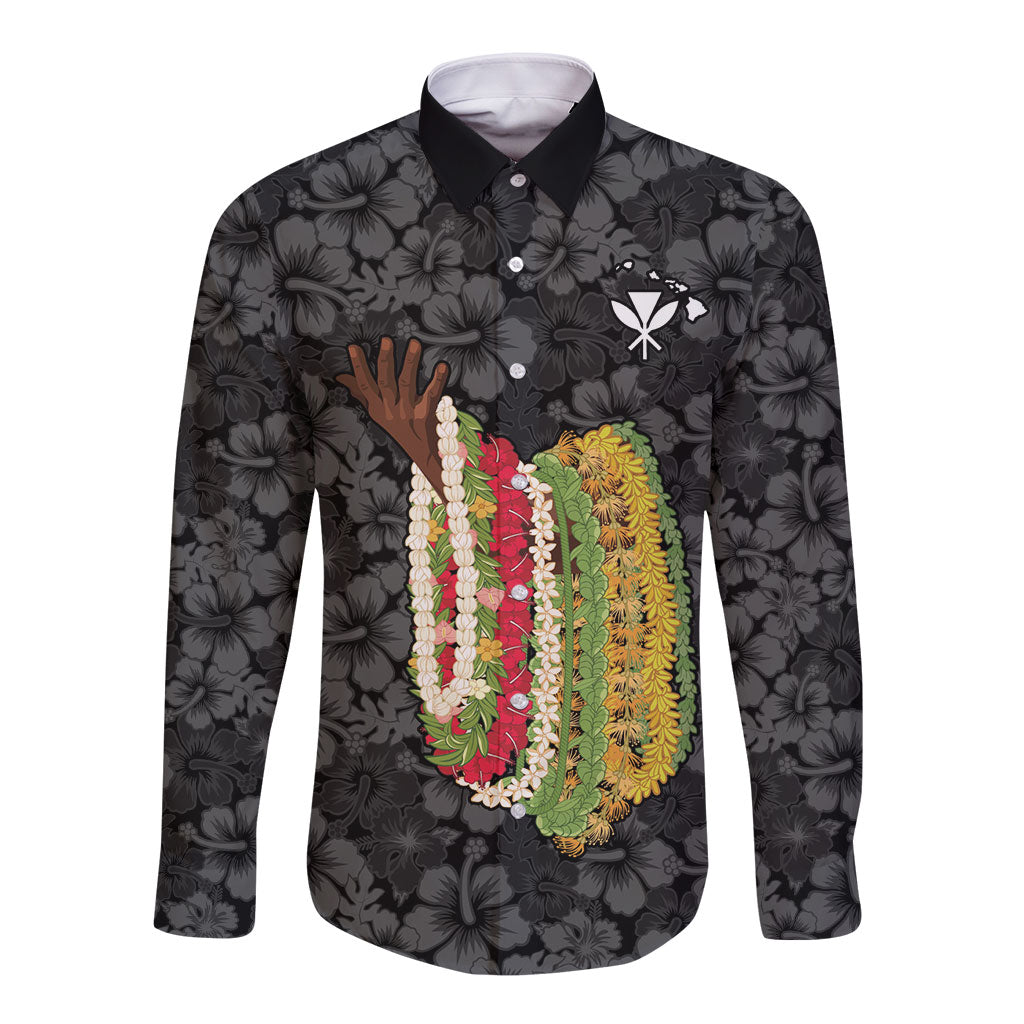 Hawaii Lei Kamehameha Long Sleeve Button Shirt Ele'ele Seamless Pattern Hibiscus Flower