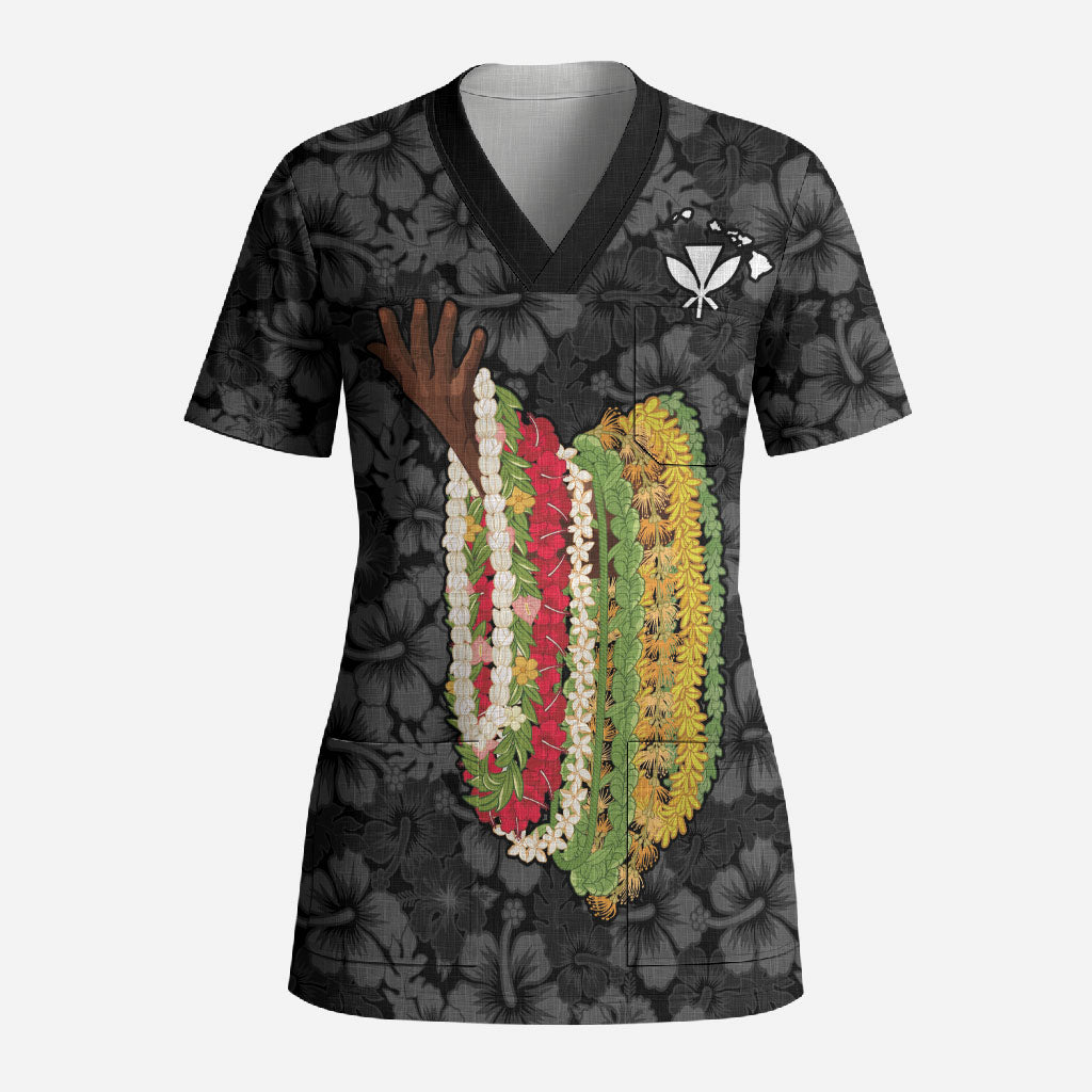 Hawaii Lei Kamehameha Scrub Top Ele'ele Seamless Pattern Hibiscus Flower