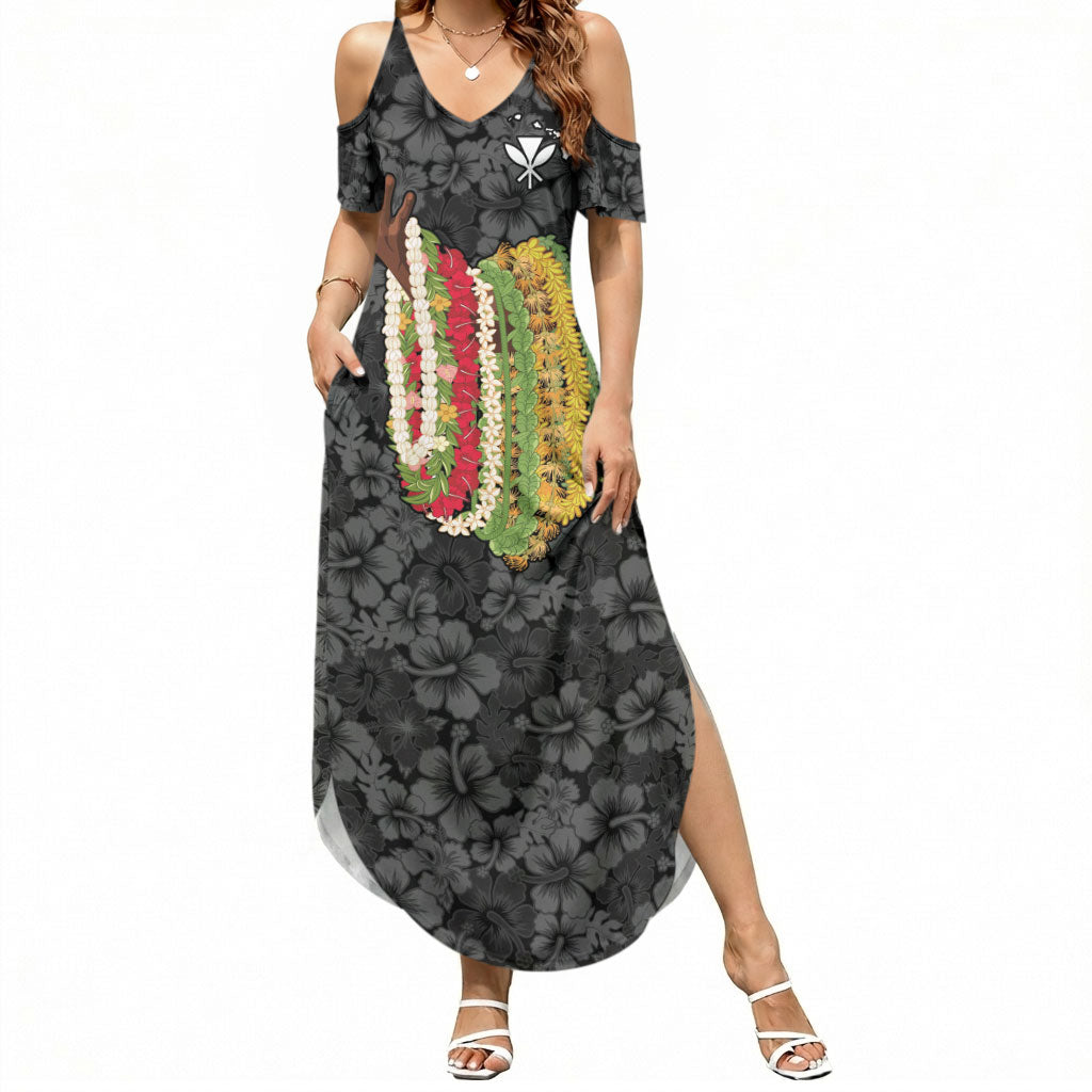 Hawaii Lei Kamehameha Summer Maxi Dress Ele'ele Seamless Pattern Hibiscus Flower LT9 Women Black - Polynesian Pride