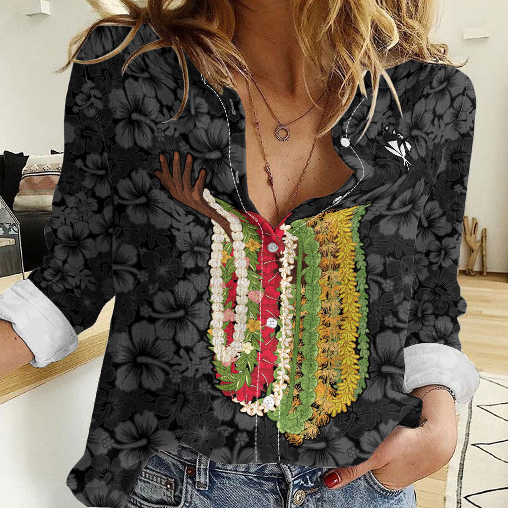 Hawaii Lei Kamehameha Women Casual Shirt Ele'ele Seamless Pattern Hibiscus Flower