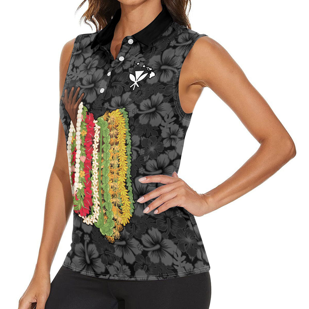 Hawaii Lei Kamehameha Women Sleeveless Polo Shirt Ele'ele Seamless Pattern Hibiscus Flower