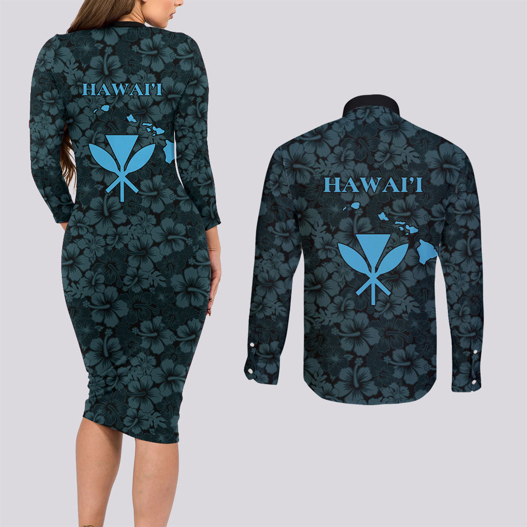Hawaii Lei Kamehameha Couples Matching Long Sleeve Bodycon Dress and Long Sleeve Button Shirt Uliuli Seamless Pattern Hibiscus Flower LT9 - Polynesian Pride