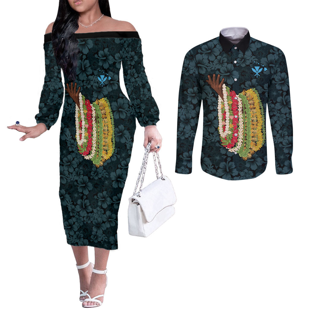 Hawaii Lei Kamehameha Couples Matching Off The Shoulder Long Sleeve Dress and Long Sleeve Button Shirt Uliuli Seamless Pattern Hibiscus Flower LT9 Blue - Polynesian Pride