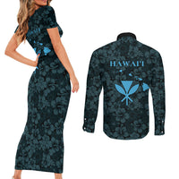 Hawaii Lei Kamehameha Couples Matching Short Sleeve Bodycon Dress and Long Sleeve Button Shirt Uliuli Seamless Pattern Hibiscus Flower LT9 - Polynesian Pride