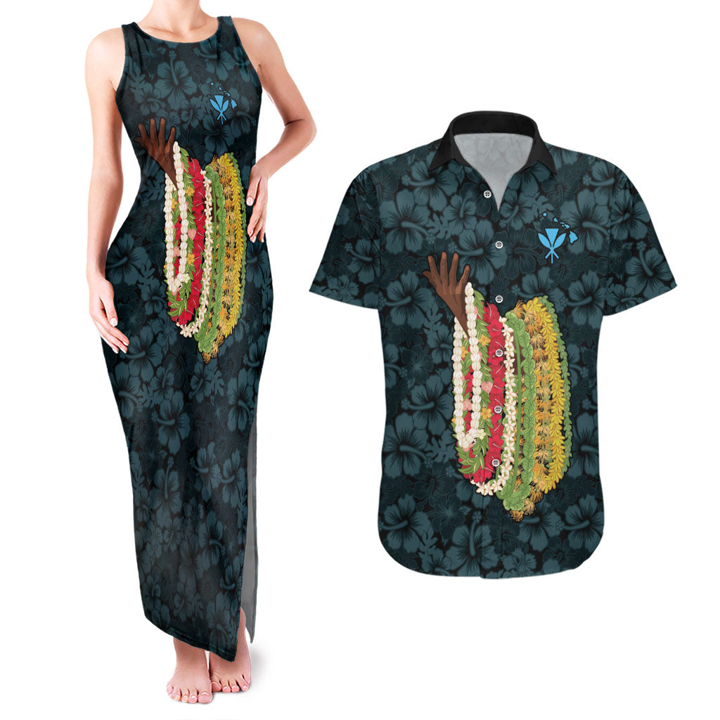 Hawaii Lei Kamehameha Couples Matching Tank Maxi Dress and Hawaiian Shirt Uliuli Seamless Pattern Hibiscus Flower LT9 Blue - Polynesian Pride