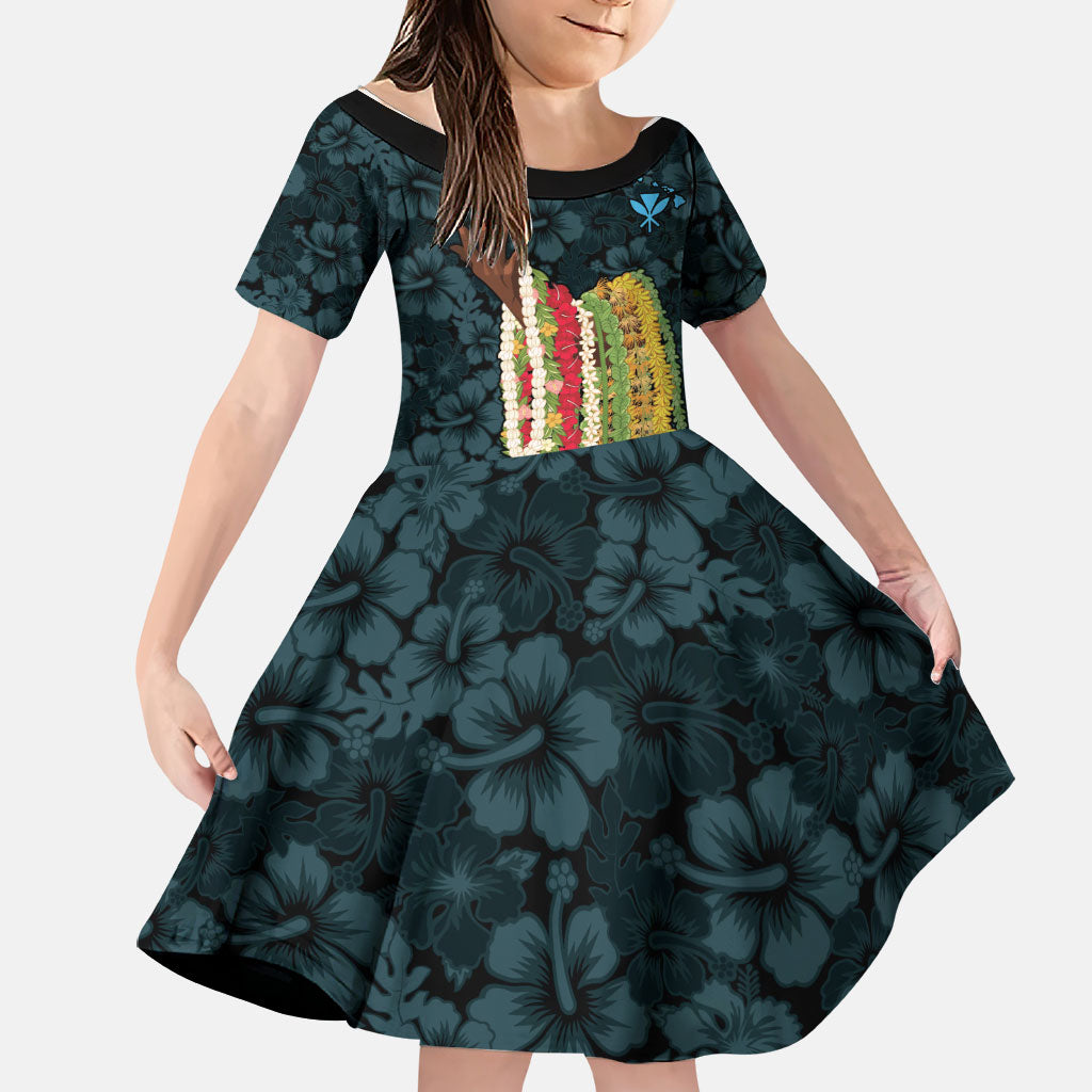 Hawaii Lei Kamehameha Family Matching Long Sleeve Bodycon Dress and Hawaiian Shirt Uliuli Seamless Pattern Hibiscus Flower LT9 Daughter's Dress Blue - Polynesian Pride