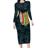 Hawaii Lei Kamehameha Family Matching Long Sleeve Bodycon Dress and Hawaiian Shirt Uliuli Seamless Pattern Hibiscus Flower LT9 Mom's Dress Blue - Polynesian Pride