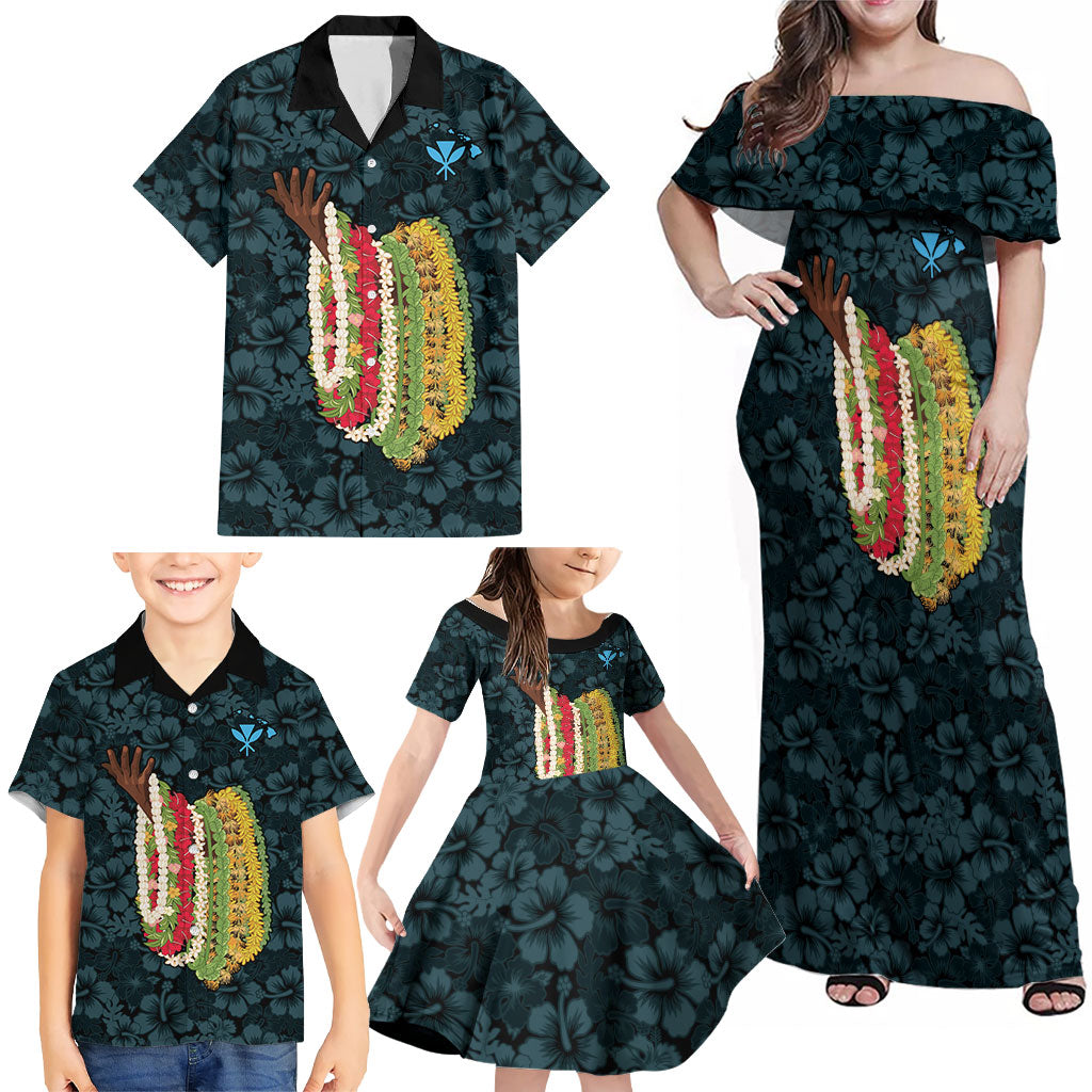 Hawaii Lei Kamehameha Family Matching Off Shoulder Maxi Dress and Hawaiian Shirt Uliuli Seamless Pattern Hibiscus Flower LT9 - Polynesian Pride