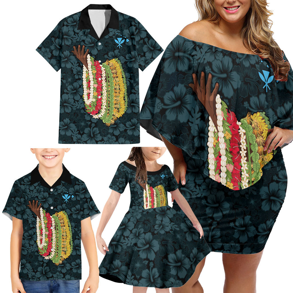 Hawaii Lei Kamehameha Family Matching Off Shoulder Short Dress and Hawaiian Shirt Uliuli Seamless Pattern Hibiscus Flower LT9 - Polynesian Pride