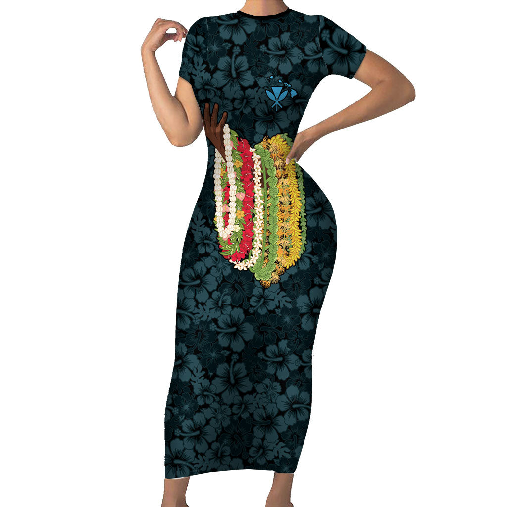 Hawaii Lei Kamehameha Family Matching Short Sleeve Bodycon Dress and Hawaiian Shirt Uliuli Seamless Pattern Hibiscus Flower LT9 Mom's Dress Blue - Polynesian Pride