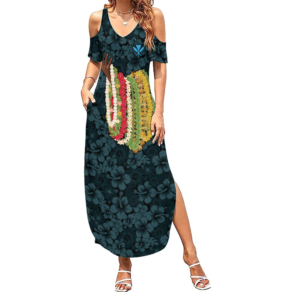 Hawaii Lei Kamehameha Family Matching Summer Maxi Dress and Hawaiian Shirt Uliuli Seamless Pattern Hibiscus Flower LT9 Mom's Dress Blue - Polynesian Pride