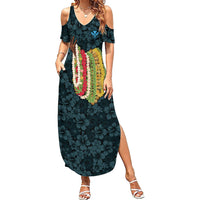 Hawaii Lei Kamehameha Family Matching Summer Maxi Dress and Hawaiian Shirt Uliuli Seamless Pattern Hibiscus Flower LT9 Mom's Dress Blue - Polynesian Pride