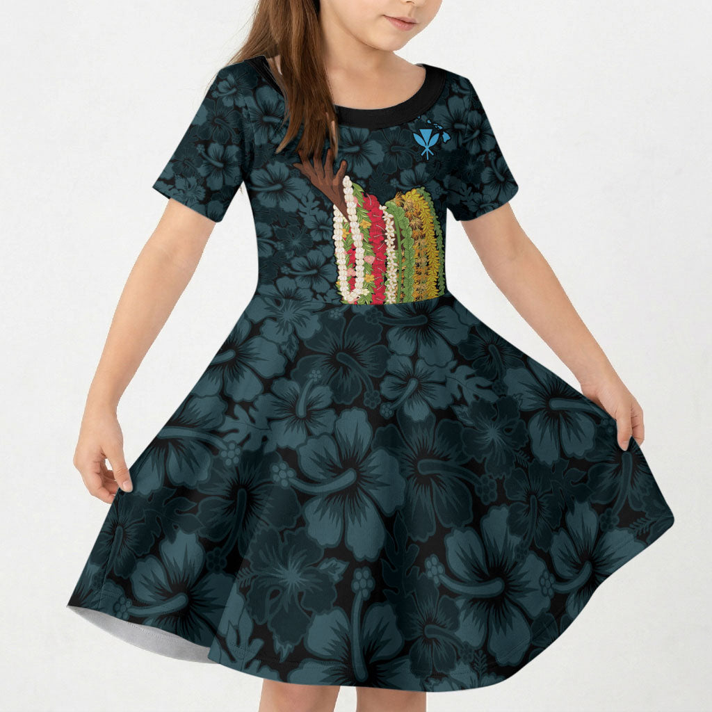 Hawaii Lei Kamehameha Kid Short Sleeve Dress Uliuli Seamless Pattern Hibiscus Flower LT9 KID Blue - Polynesian Pride