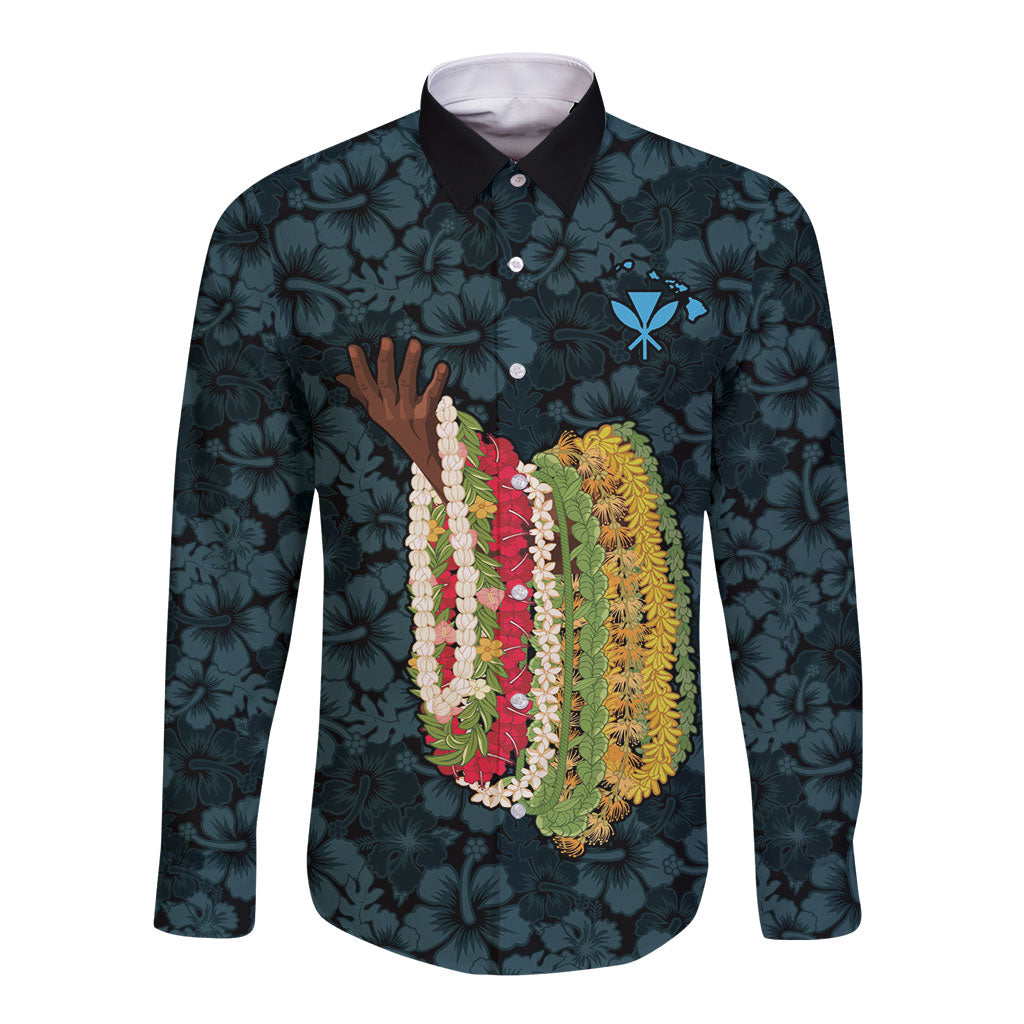 Hawaii Lei Kamehameha Long Sleeve Button Shirt Uliuli Seamless Pattern Hibiscus Flower