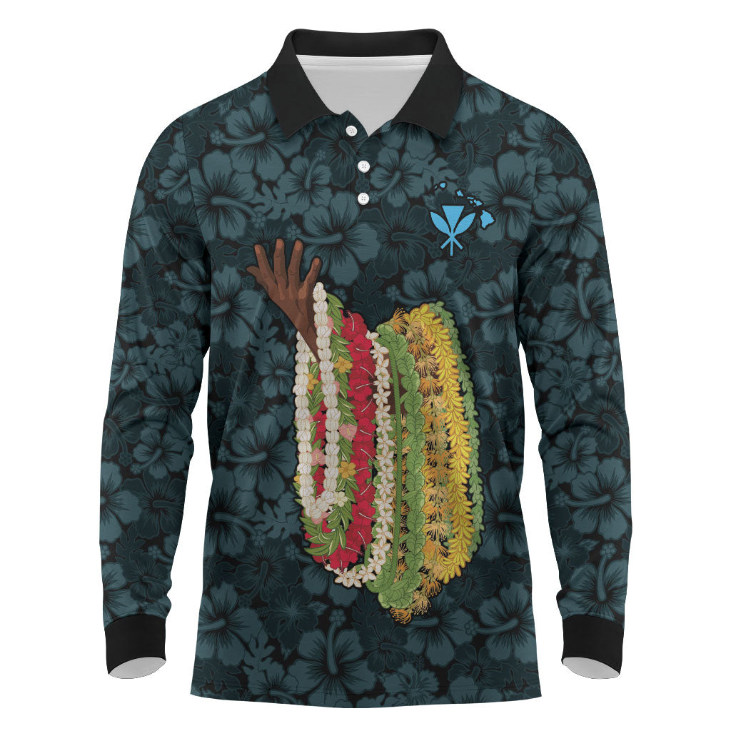 Hawaii Lei Kamehameha Long Sleeve Polo Shirt Uliuli Seamless Pattern Hibiscus Flower