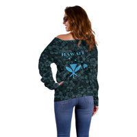 Hawaii Lei Kamehameha Off Shoulder Sweater Uliuli Seamless Pattern Hibiscus Flower LT9 - Polynesian Pride