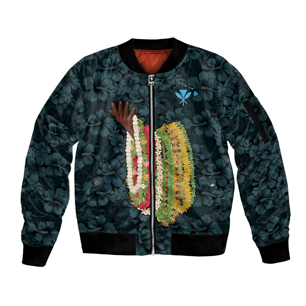 Hawaii Lei Kamehameha Sleeve Zip Bomber Jacket Uliuli Seamless Pattern Hibiscus Flower