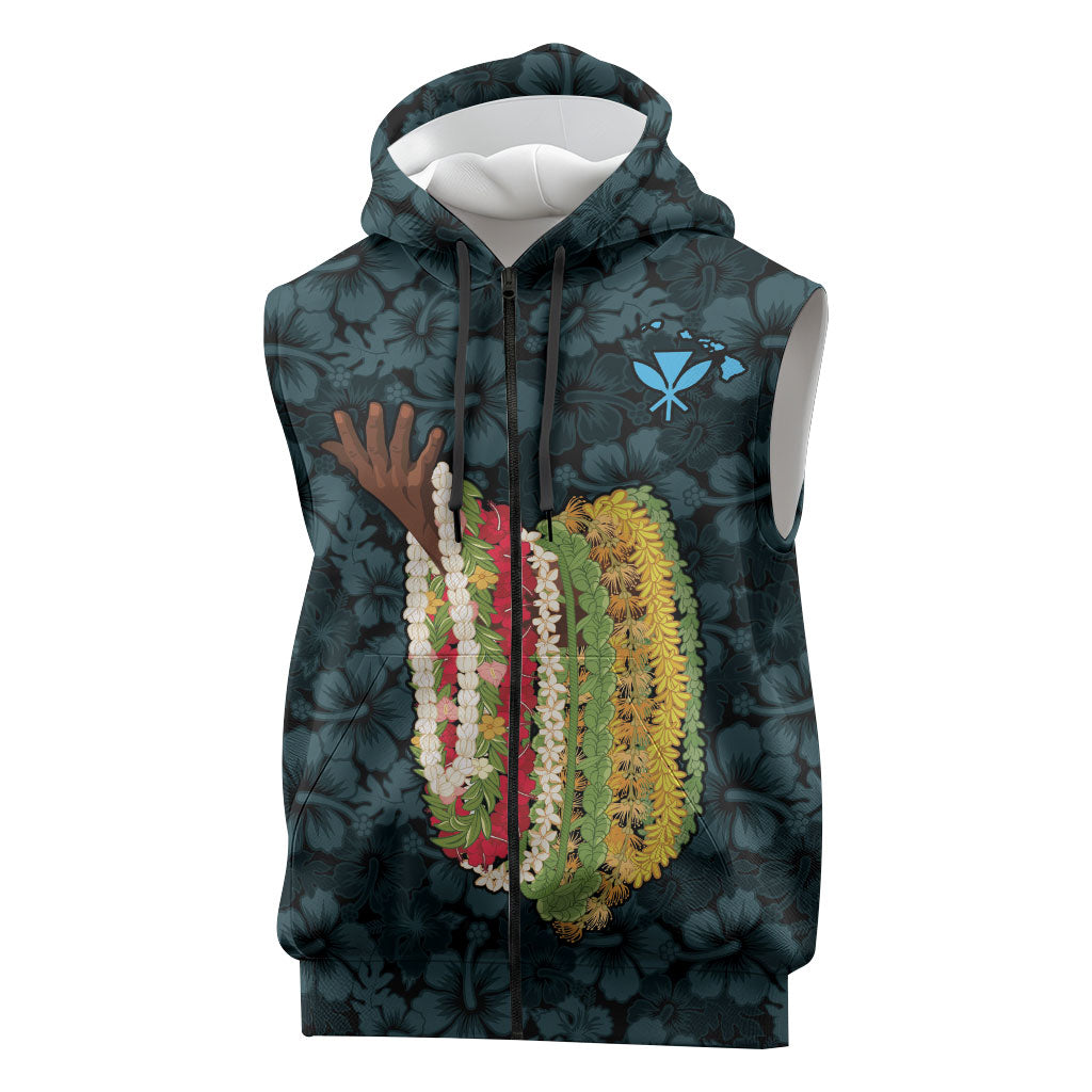 Hawaii Lei Kamehameha Sleeveless Zip Hoodie Uliuli Seamless Pattern Hibiscus Flower