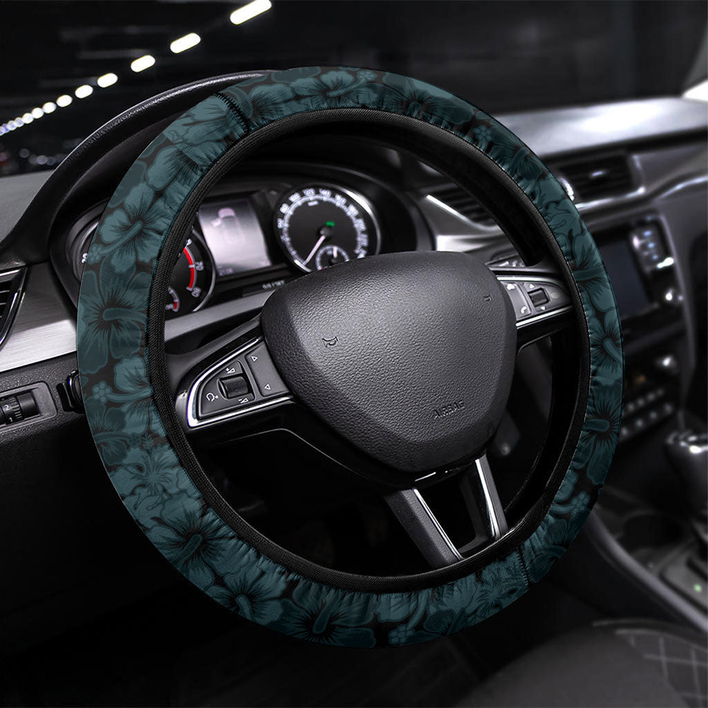 Hawaii Lei Kamehameha Steering Wheel Cover Uliuli Seamless Pattern Hibiscus Flower LT9 Universal Fit Blue - Polynesian Pride