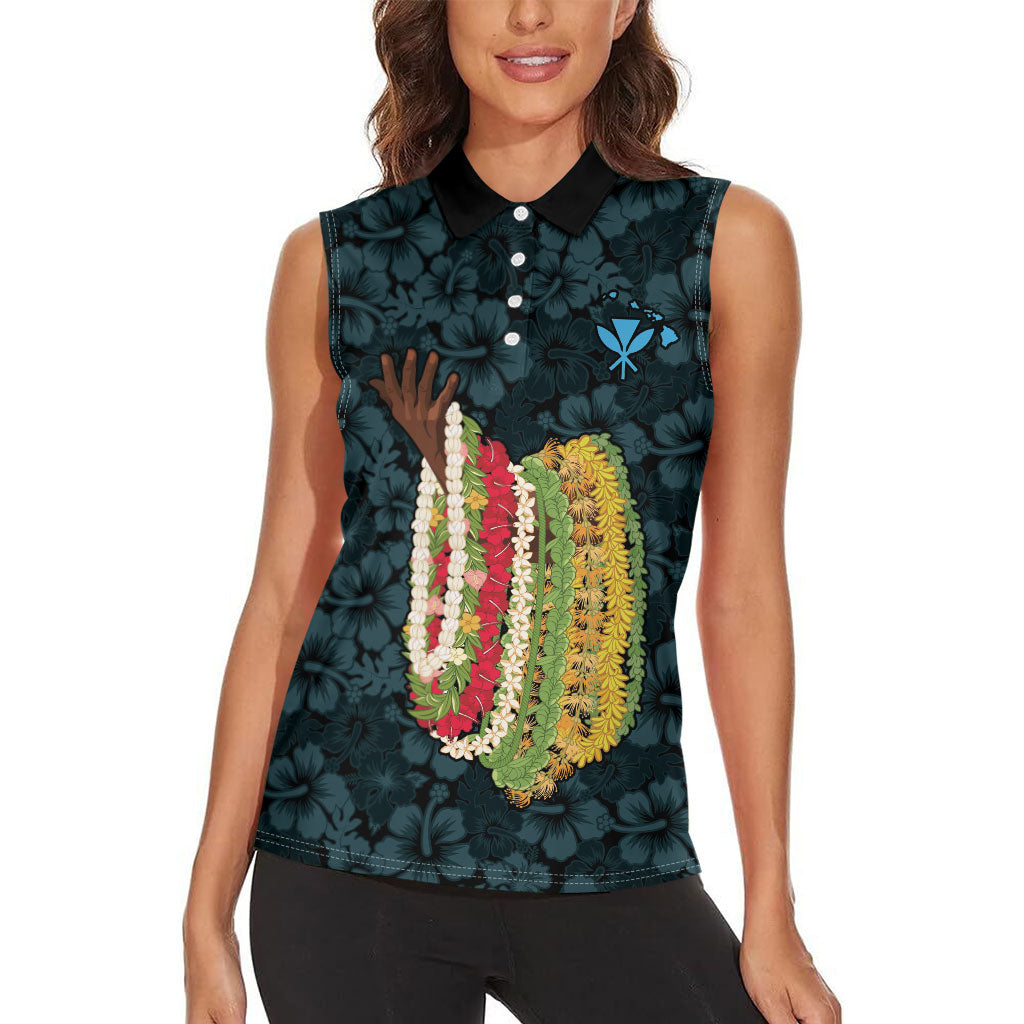 Hawaii Lei Kamehameha Women Sleeveless Polo Shirt Uliuli Seamless Pattern Hibiscus Flower