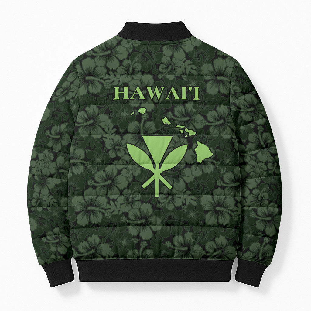 Hawaii Lei Kamehameha Bomber Puffer Jacket Oma'oma'o Seamless Pattern Hibiscus Flower