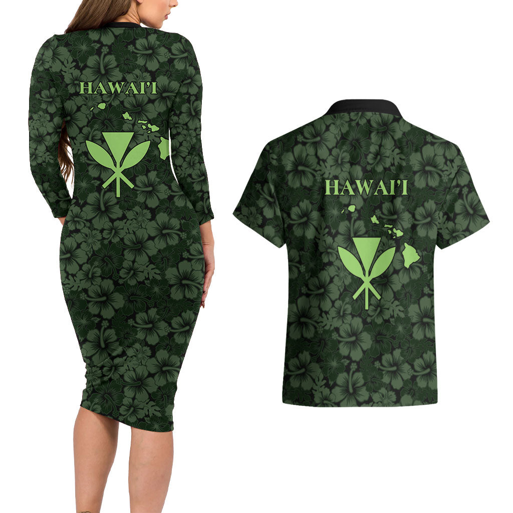 Hawaii Lei Kamehameha Couples Matching Long Sleeve Bodycon Dress and Hawaiian Shirt Oma'oma'o Seamless Pattern Hibiscus Flower LT9 - Polynesian Pride