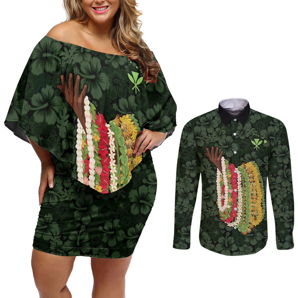 Hawaii Lei Kamehameha Couples Matching Off Shoulder Short Dress and Long Sleeve Button Shirt Oma'oma'o Seamless Pattern Hibiscus Flower LT9 Green - Polynesian Pride