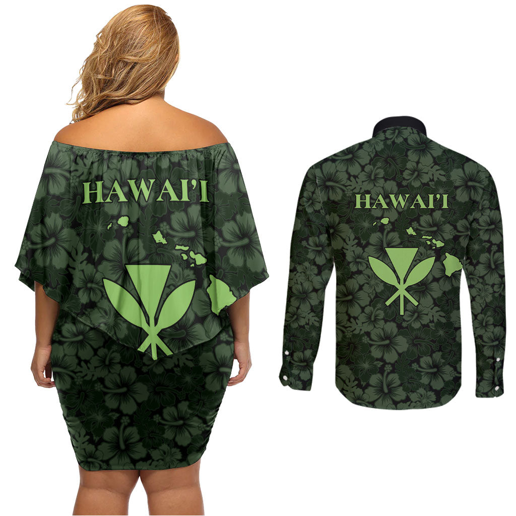 Hawaii Lei Kamehameha Couples Matching Off Shoulder Short Dress and Long Sleeve Button Shirt Oma'oma'o Seamless Pattern Hibiscus Flower LT9 - Polynesian Pride