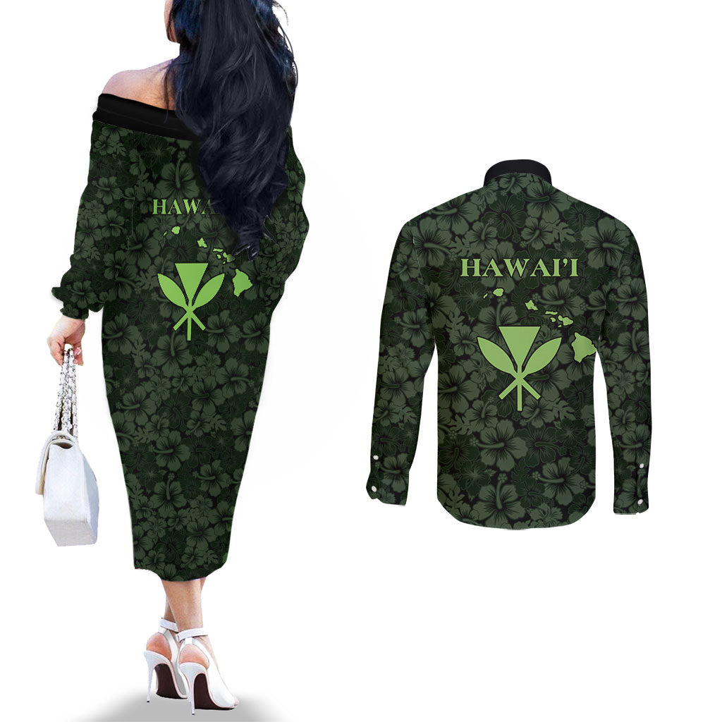 Hawaii Lei Kamehameha Couples Matching Off The Shoulder Long Sleeve Dress and Long Sleeve Button Shirt Oma'oma'o Seamless Pattern Hibiscus Flower LT9 - Polynesian Pride