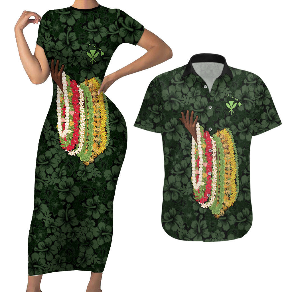 Hawaii Lei Kamehameha Couples Matching Short Sleeve Bodycon Dress and Hawaiian Shirt Oma'oma'o Seamless Pattern Hibiscus Flower LT9 Green - Polynesian Pride